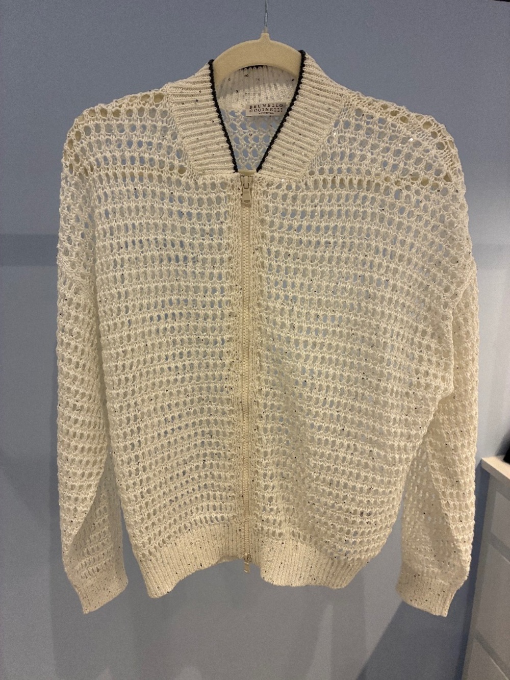 Brunello Cucinelli Ivory Sequin Open Knit Zip Front Cardigan Made in Italy